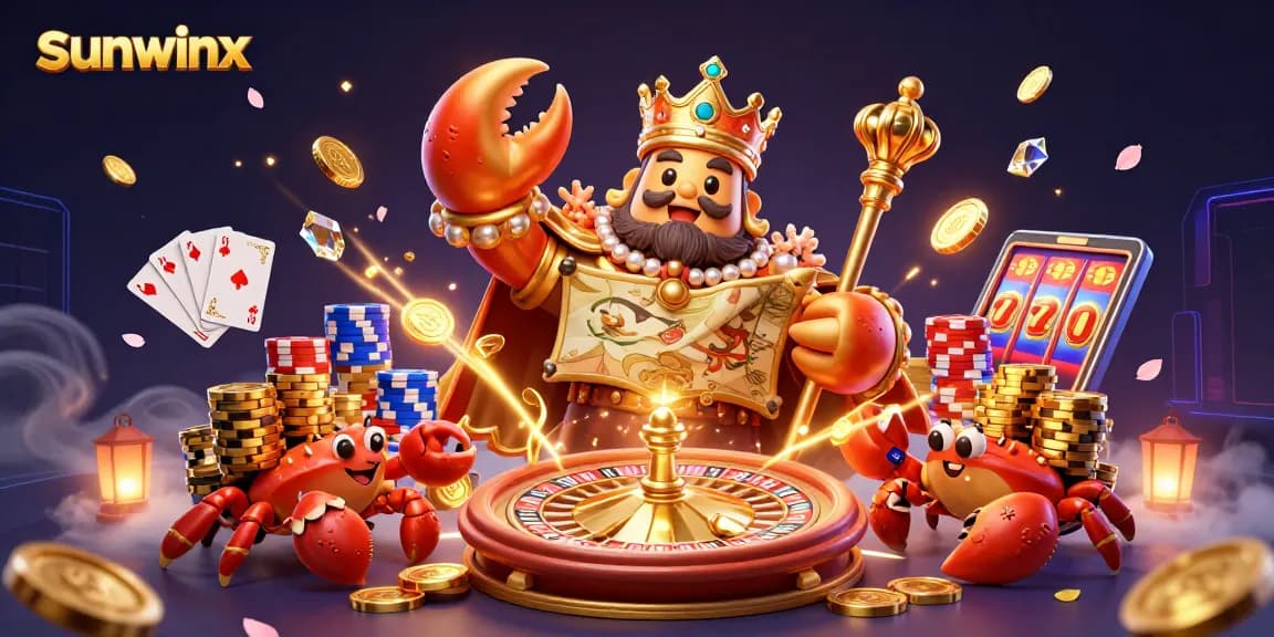 Experience the vibrant world of sunwinx with a dynamic 3D scene of a golden crab emperor ruling over a casino.
