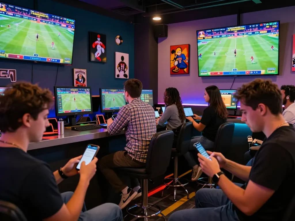 Engaged group enjoying the thrill of Onbet 88 sports betting in a vibrant online lounge setting