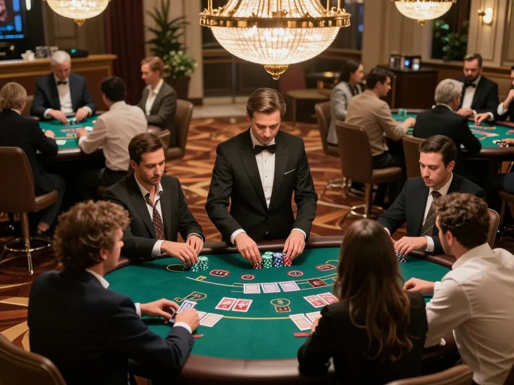 Players strategizing at sunwin blackjack tables in a luxurious casino atmosphere.