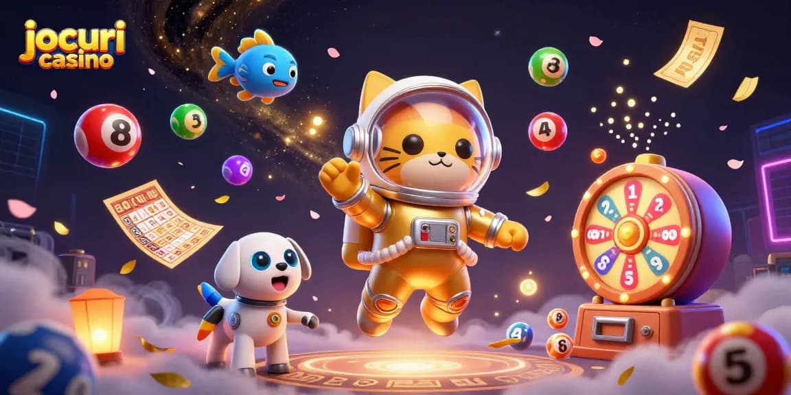 Jocuri casino captivante cu un astronaut pisică și un câine robot în spațiul cosmic.