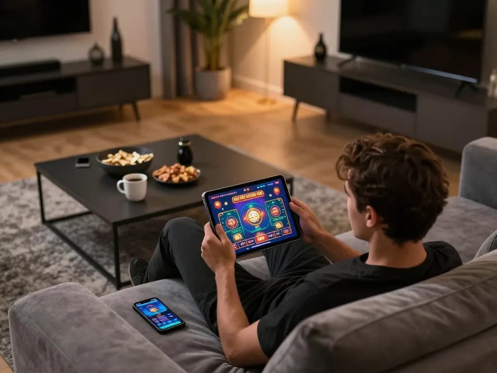 Engaging in online gaming at home with nk88mvp app highlighted on screen