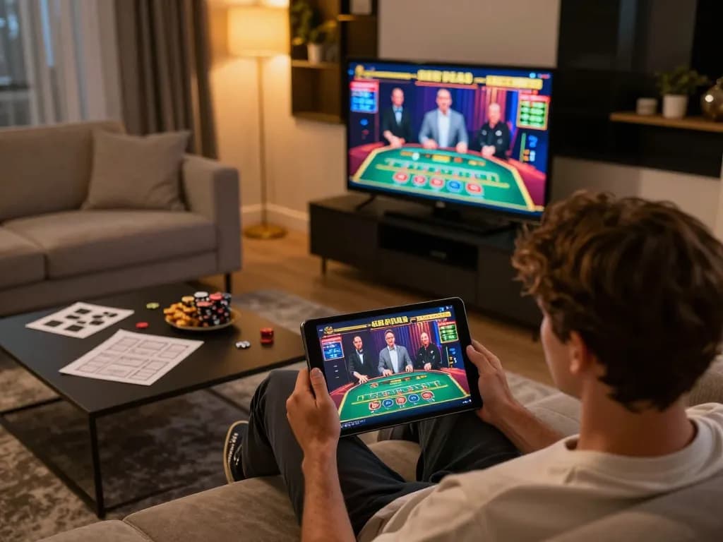 Engaging in online casino gaming at home with god55 app, showing live dealer games and strategic notes.