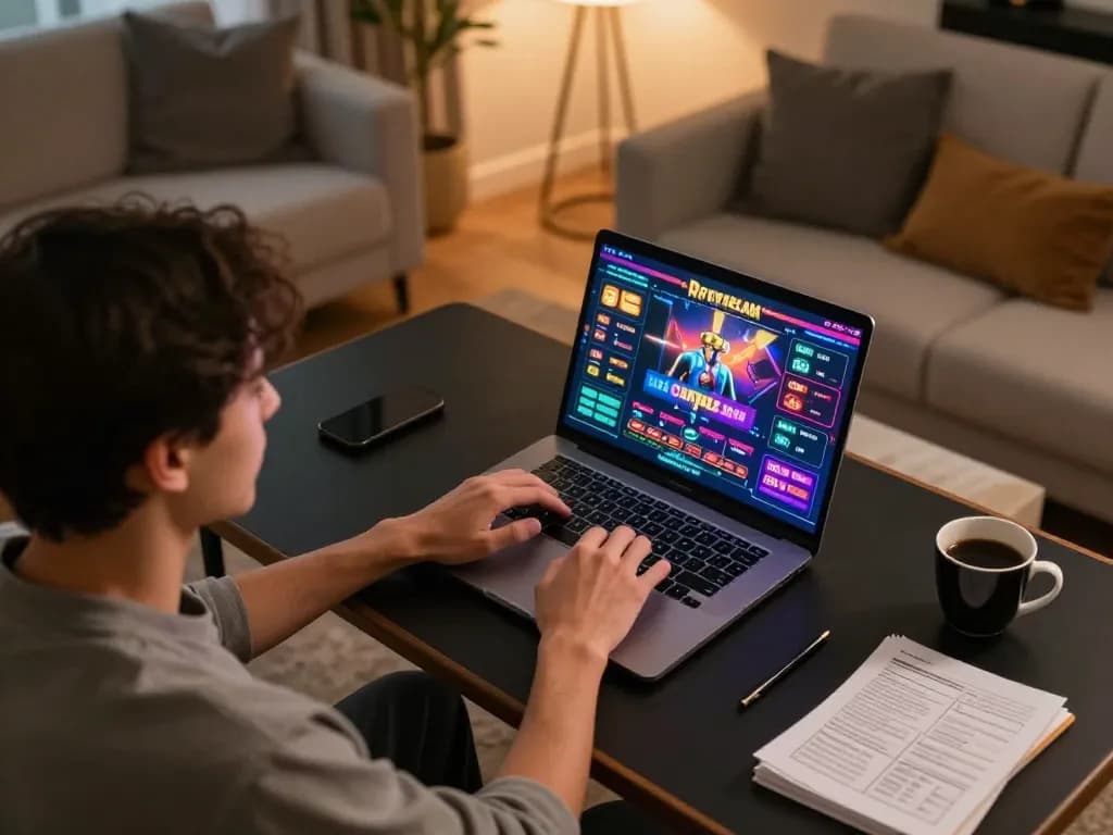 Engaged player experiencing go8s online casino gaming with laptop, strategy notes, and cozy ambiance.