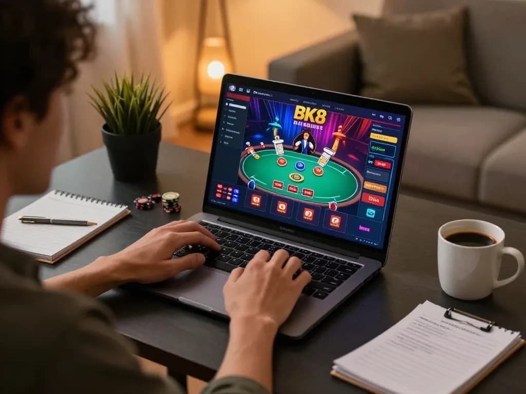 Engaging online gaming moment with BK8 interface on laptop showcasing interactive poker experiences.