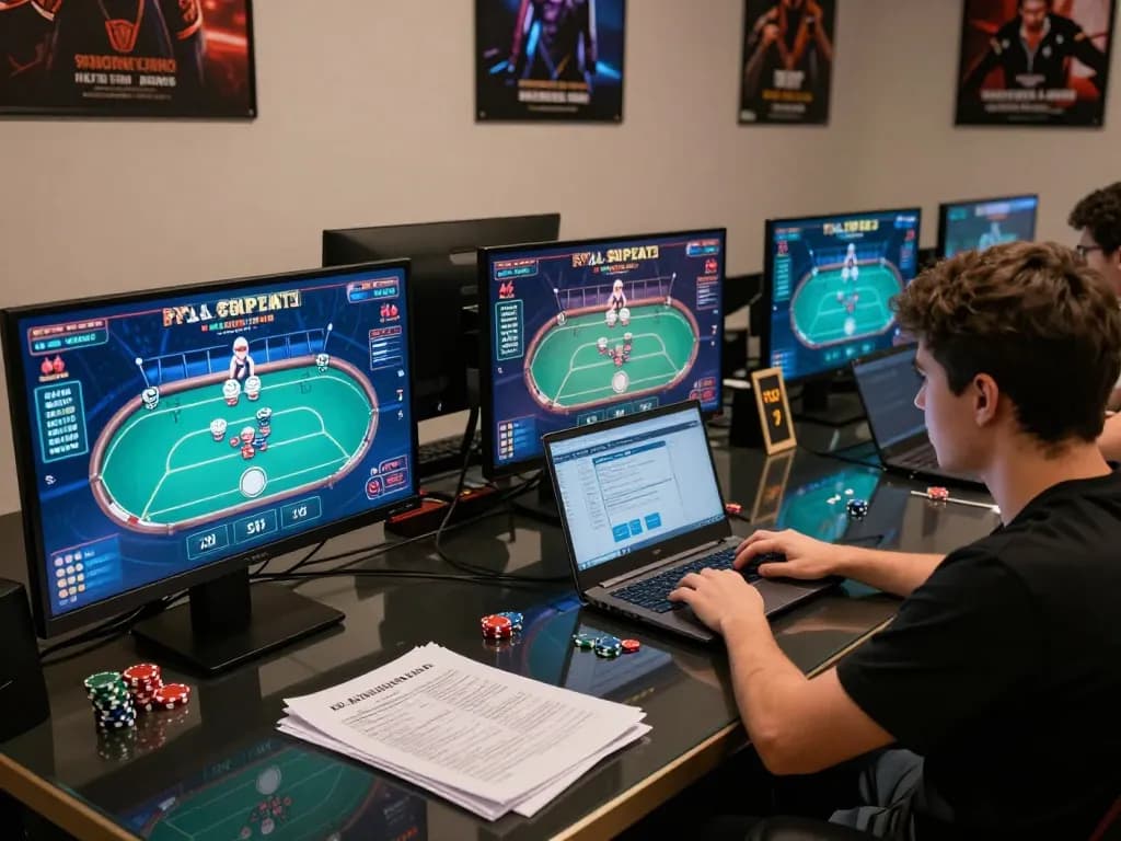 Player strategizing on 555win org with live poker game interface in an engaging home setup.