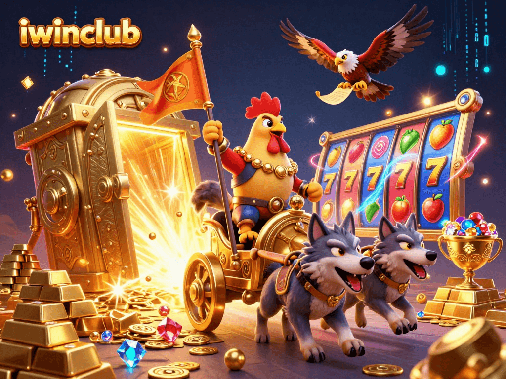 Engage with iwinclub's thrilling casino experience featuring a vibrant chariot scene with treasures.