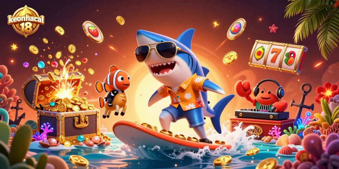 Engage with keonhacai 18 as a hammer-head shark rides gold coins alongside lively casino characters.