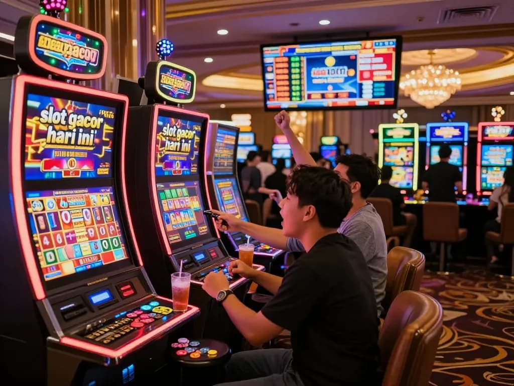 Pengalaman bermain yang menarik di kasino dengan slot gacor hari ini yang ditampilkan, pemain terlibat dan bersorak.