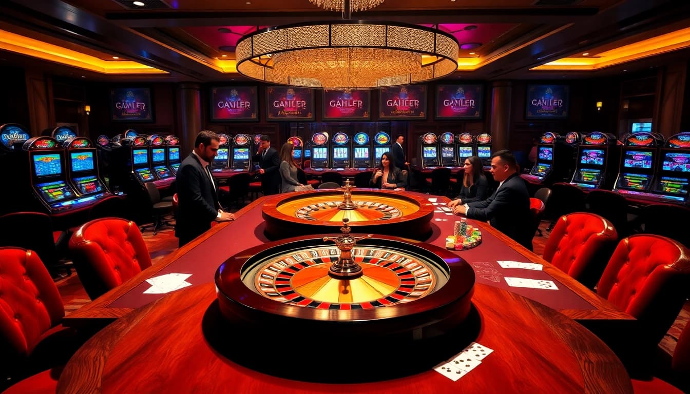 Players enjoying high-stakes poker at https://tg88k.online/ casino, surrounded by vibrant slot machines.