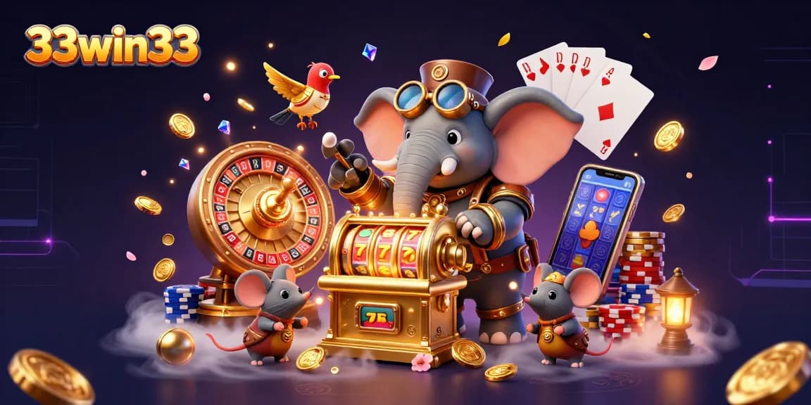 Experience the excitement of 33win33 with a dynamic steampunk-themed casino scene featuring an elephant engineer and vibrant gaming elements.