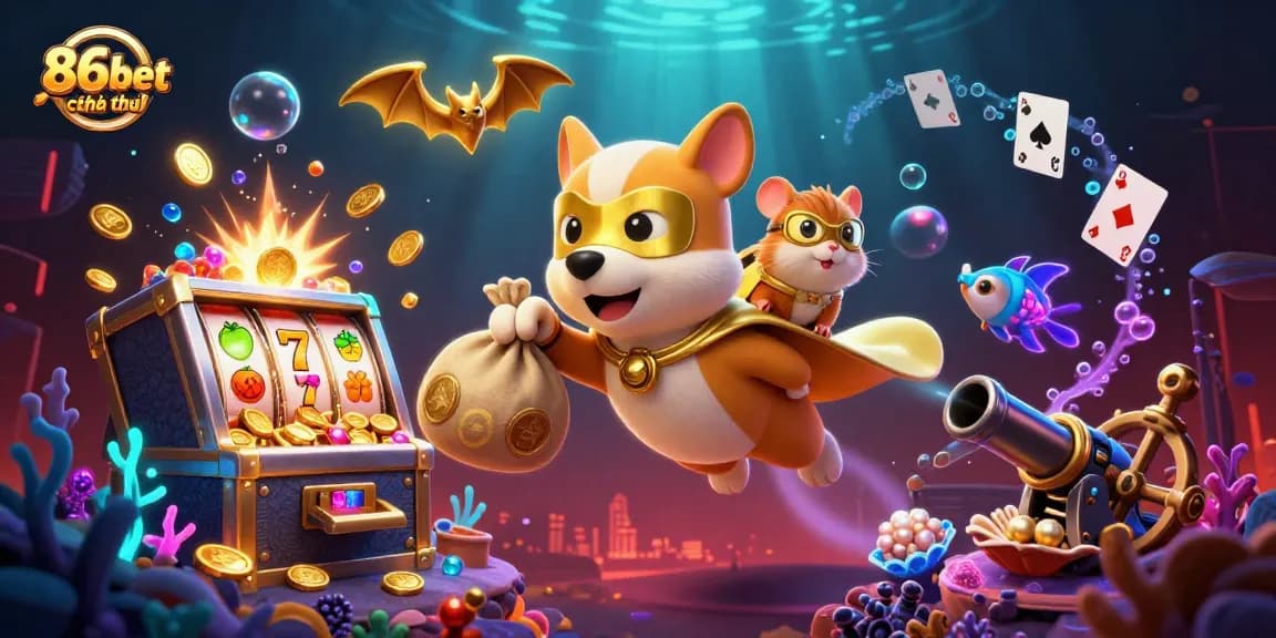 Engage players with 86bet chính thức through a vivid casino-themed 3D illustration featuring dynamic gaming elements.