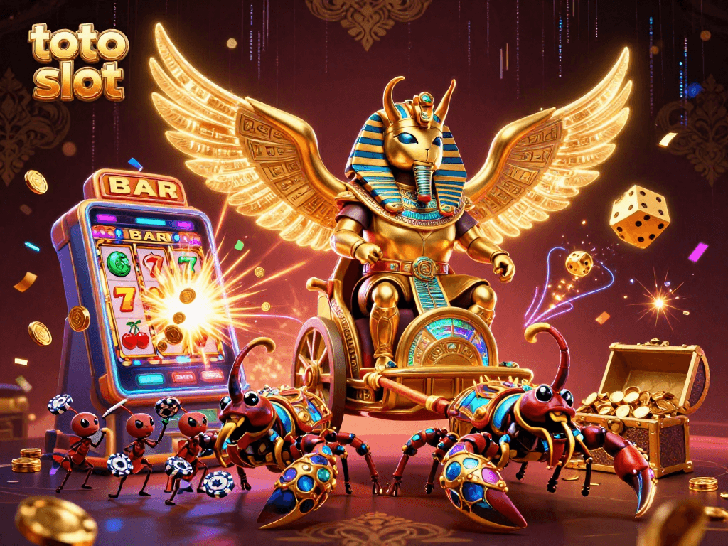 Experience thrilling toto slot jackpots with a vibrant 3D illustration of a colossal beetle and dynamic casino elements.