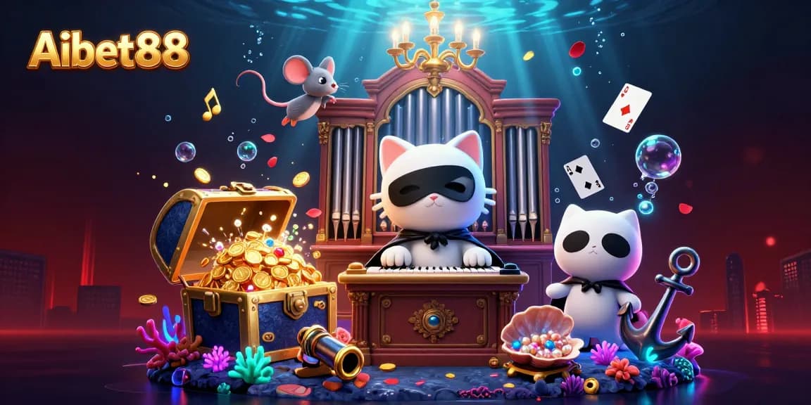 Aibet88 attracts players with a vivid 3D scene featuring a casino phantom cat and treasures.