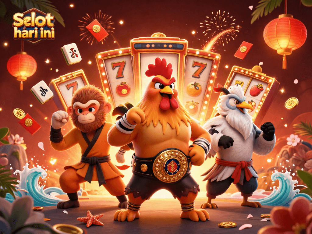 Spin the reels with Slot gacor hari ini as a fierce rooster, Shaolin monkey, and wise crane surround you in a vibrant illustration.