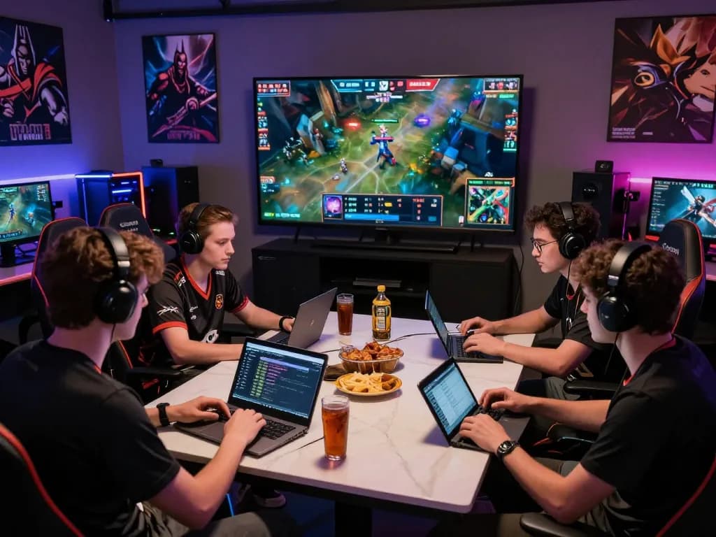Dota 2 betting scene with friends analyzing gameplay on screens, snacks and drinks, showcasing engagement and excitement.