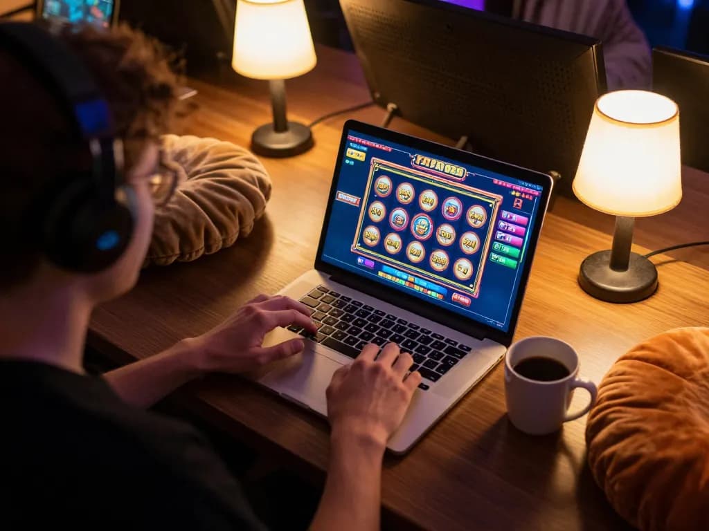 Engaging with FAFA828's online slots in a cozy gaming setup for strategic play
