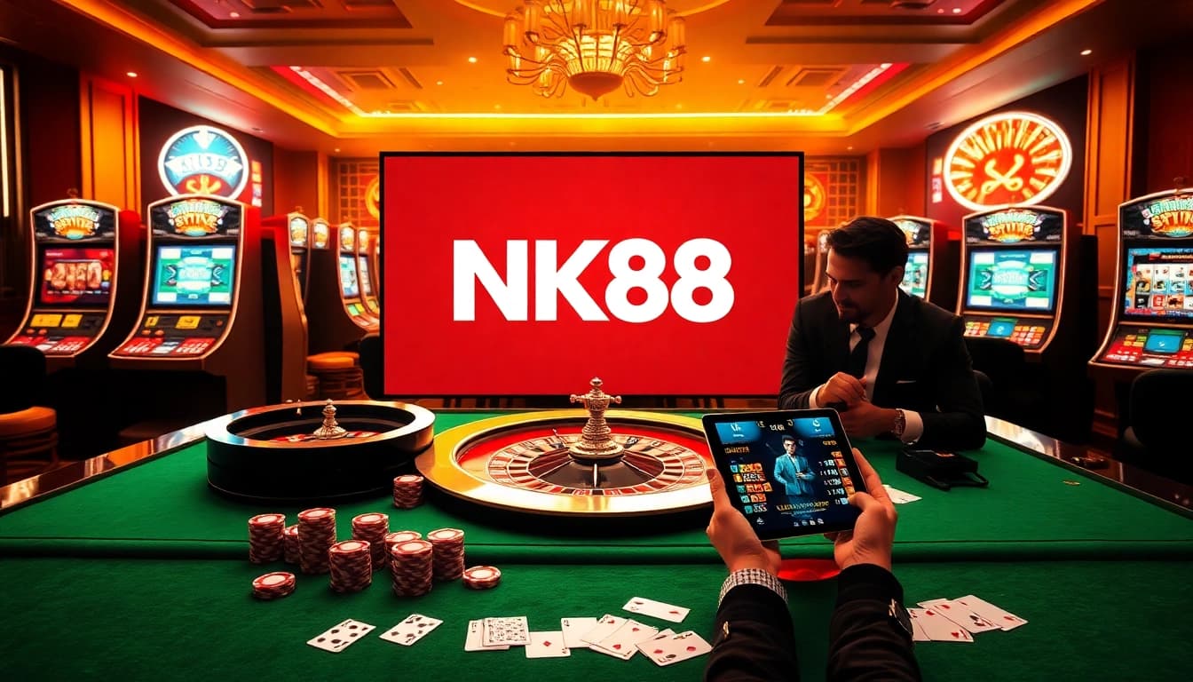 Experience thrilling online gambling at https://nk88.baby/ as players engage with vibrant slot machines and poker tables.