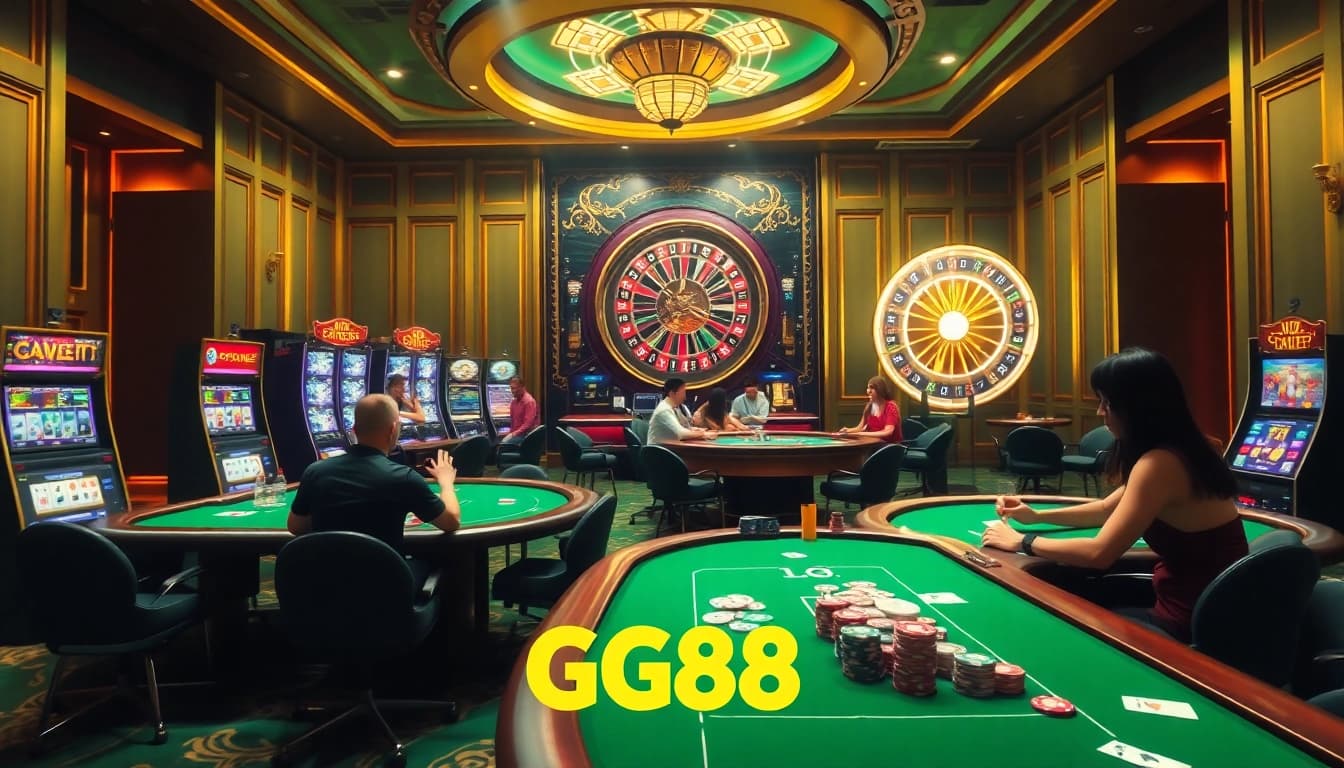 Players betting enthusiastically at GG88 casino tables surrounded by vibrant slot machines.