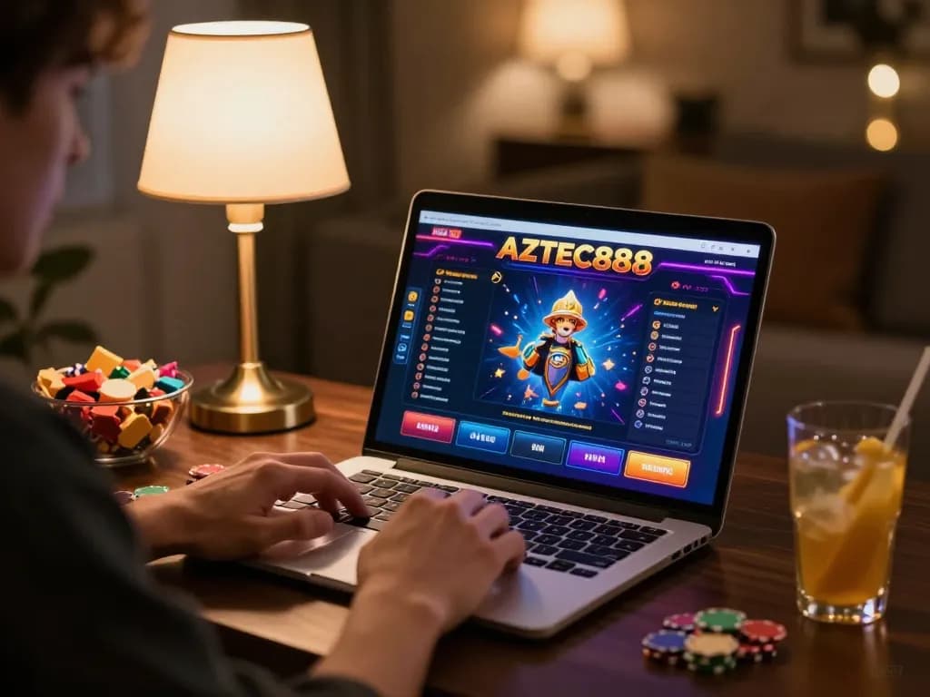 Engaged player enjoying AZTEC888 gaming experience on a laptop in a cozy home setting.