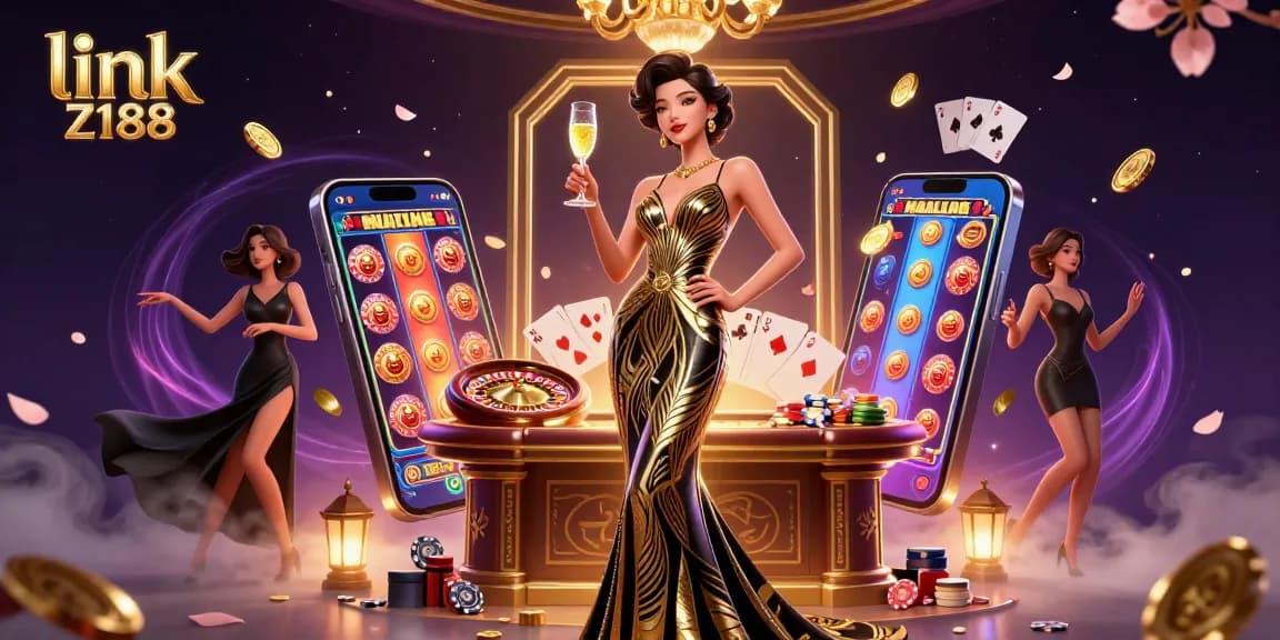 Experience excitement at link Z188 with a captivating illustration of a glamorous casino scene featuring an elegant Asian woman and thrilling game elements.