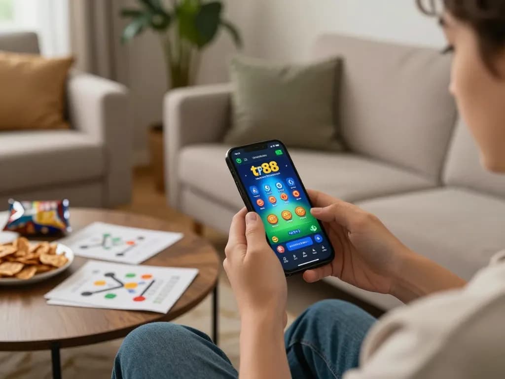 Experience engaging gameplay at tr88 with a user enjoying mobile gaming in a cozy home environment.