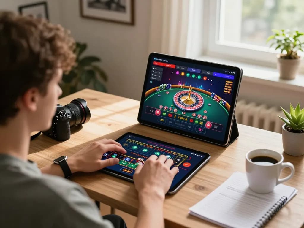 Playing live roulette on https://ph365.cx/ with a tablet in a cozy home office setting, capturing excitement and interaction.