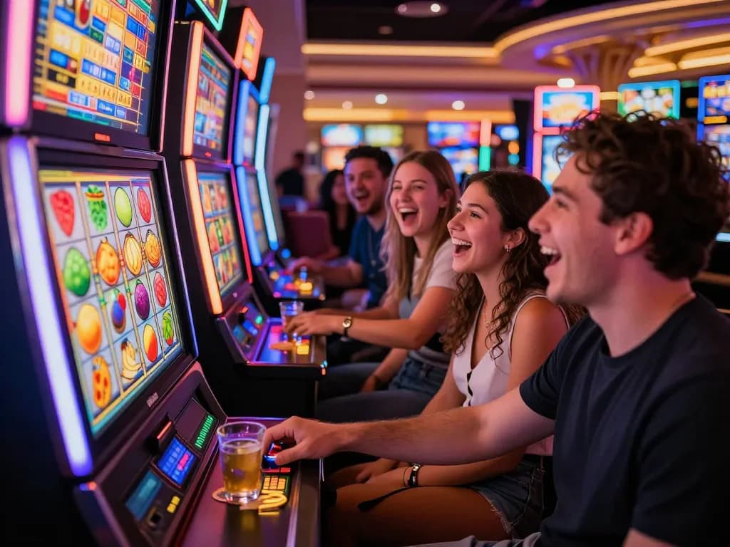 Teman-teman menikmati kegembiraan mesin slot link di kasino yang ramai.
