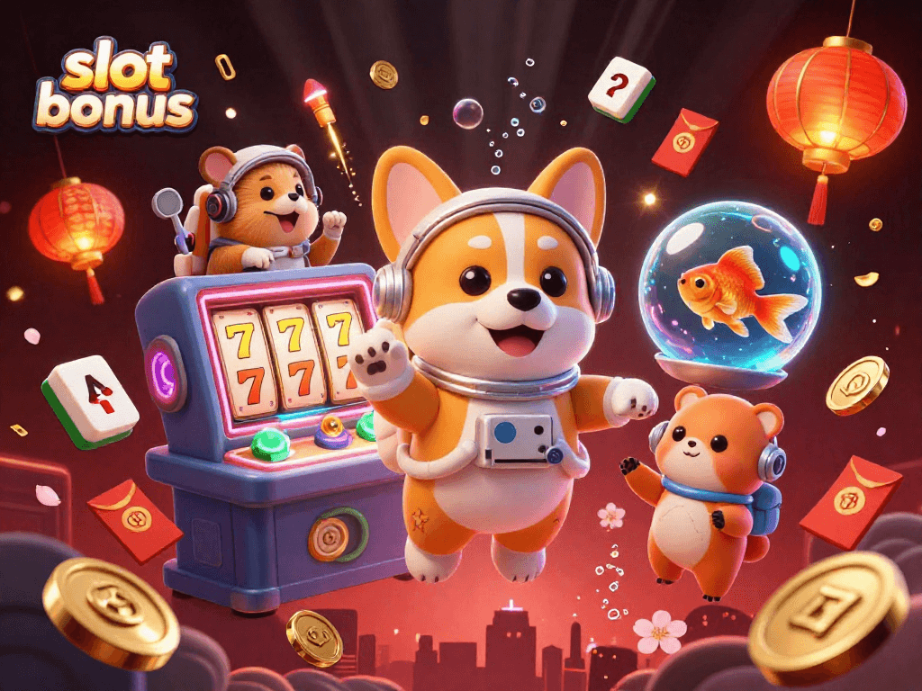 Engage with the slot bonus scene featuring a floating corgi, casino elements, and vivid decorations.