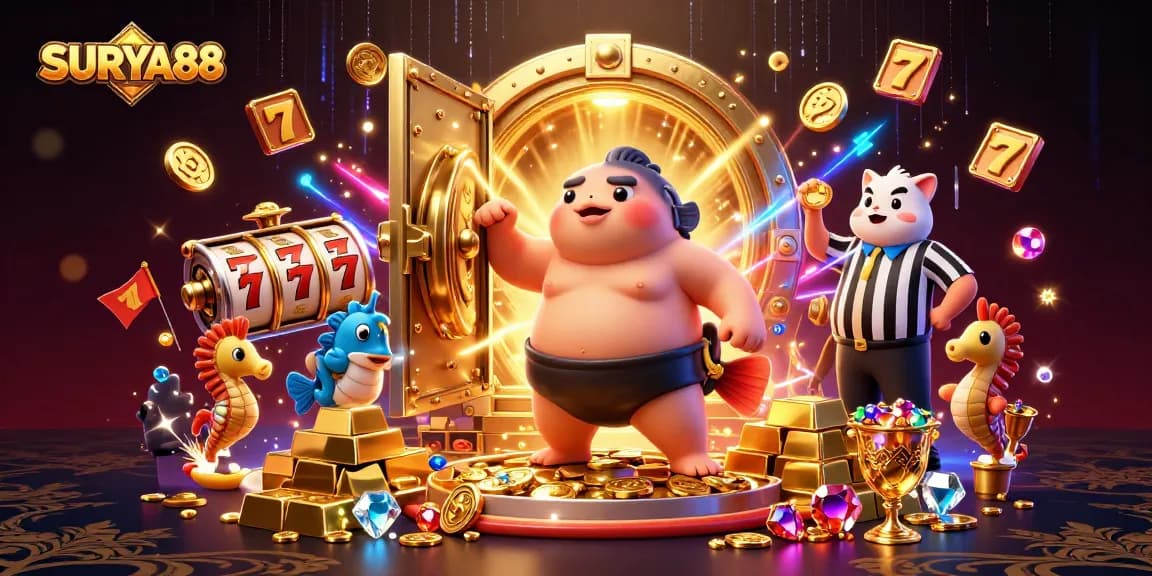 SURYA88 showcases a thrilling casino scene with a blowfish sumo in an underwater ring, slot reels and gleaming treasures.