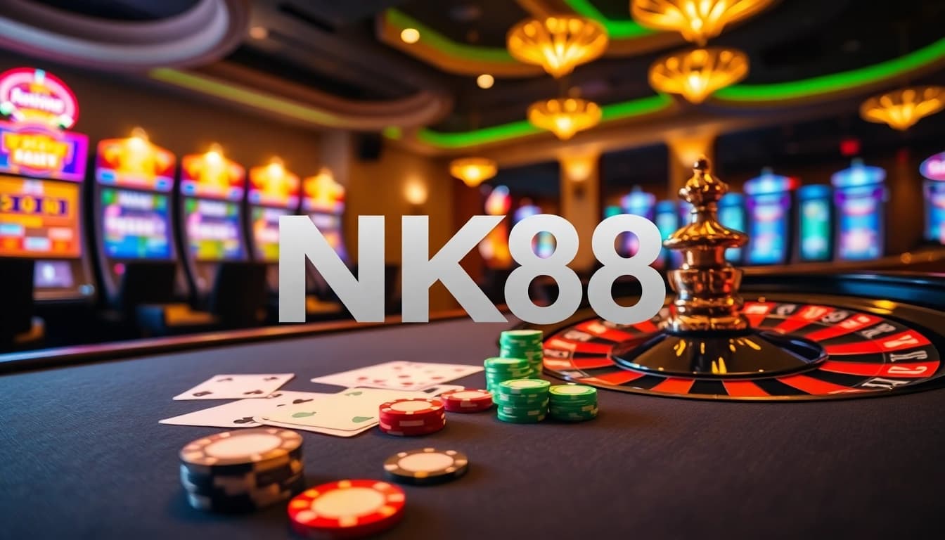 Experience luxury gaming at NK88 with vibrant poker chips and a roulette wheel in action.