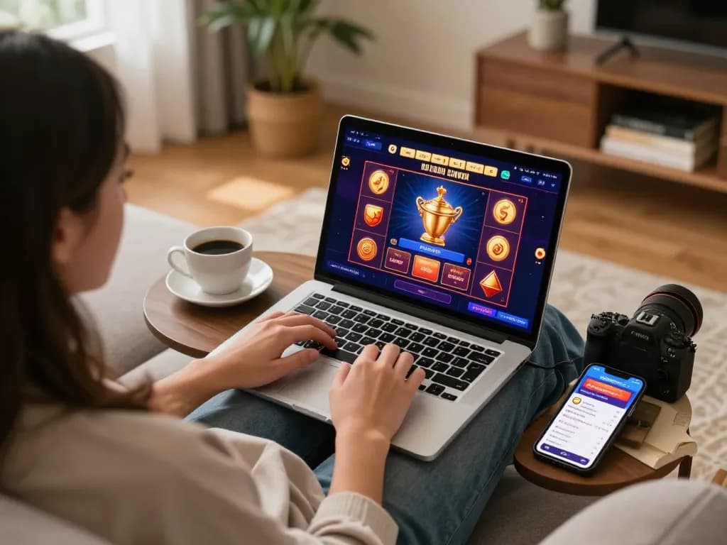 Engaging in online gaming on LC88VINA with a laptop and smartphone in a cozy setting