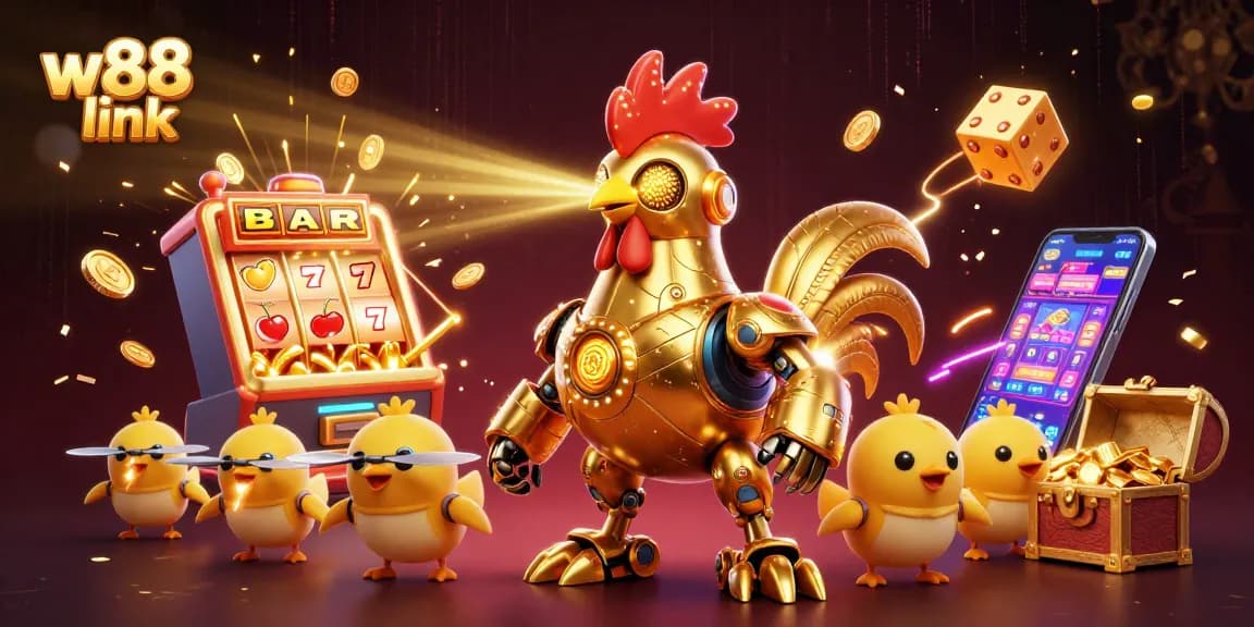 Experience thrilling gaming action with the w88 link, featuring a vibrant 3D illustration of a futuristic casino scene.