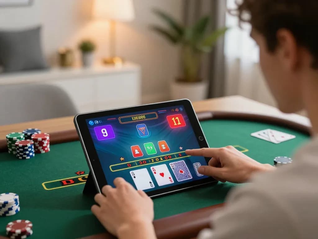 hm88 player enjoying live dealer blackjack on tablet, dynamic gameplay ambiance