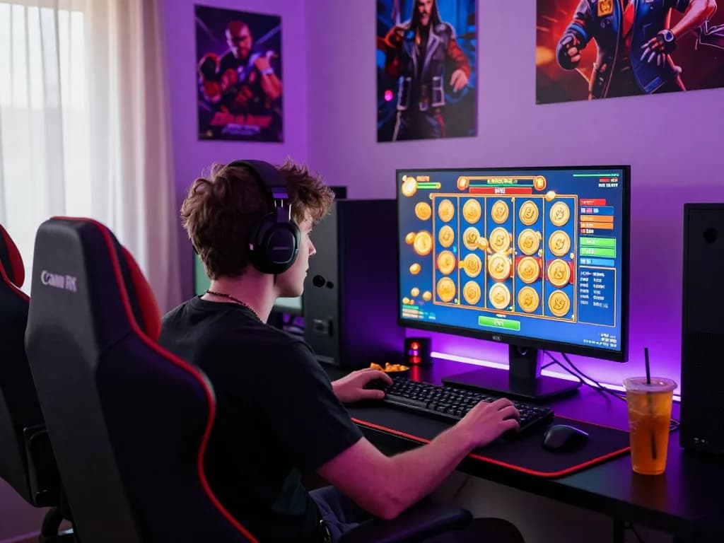 Player engaging with zeus138 online slot game, showcasing exciting gaming atmosphere with snacks and colorful visuals.