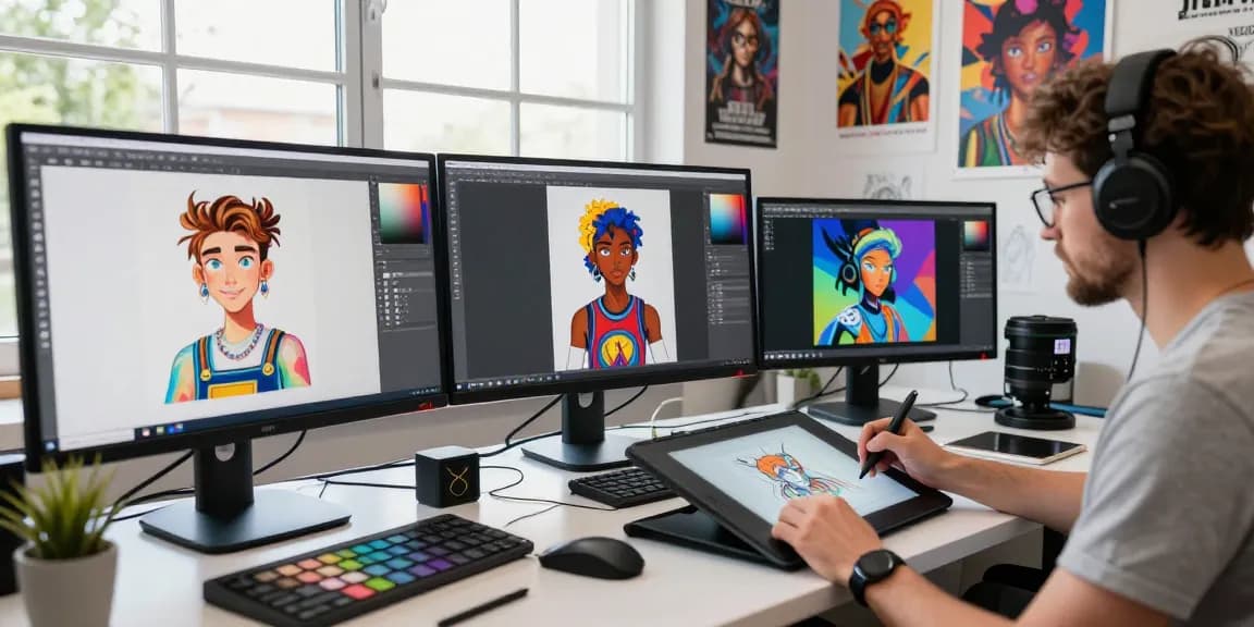 Creating stunning NSFW AI art in a vibrant studio with digital tools and colorful designs.