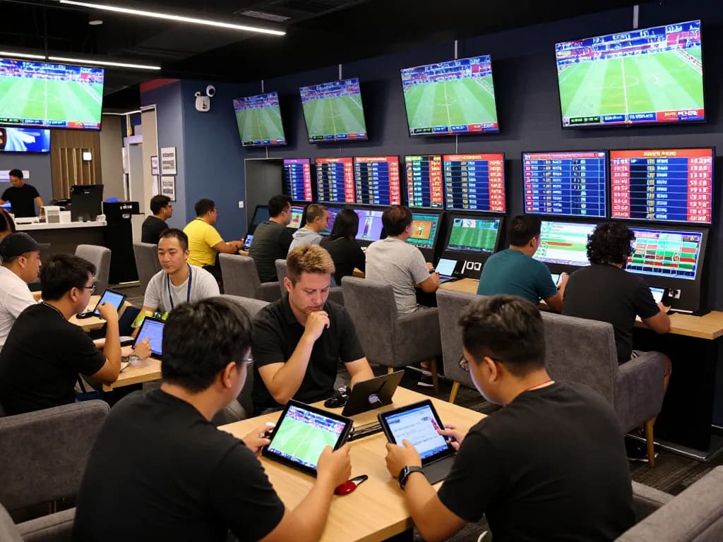 Betting enthusiasts analyze tỷ lệ kèo nhà cái in a vibrant sports betting lounge