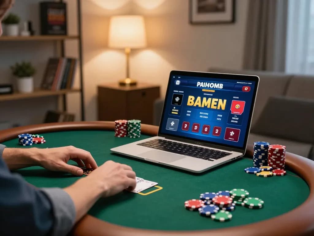 22LUCK8 players engaging in an online poker game from home, highlighting responsible gambling.