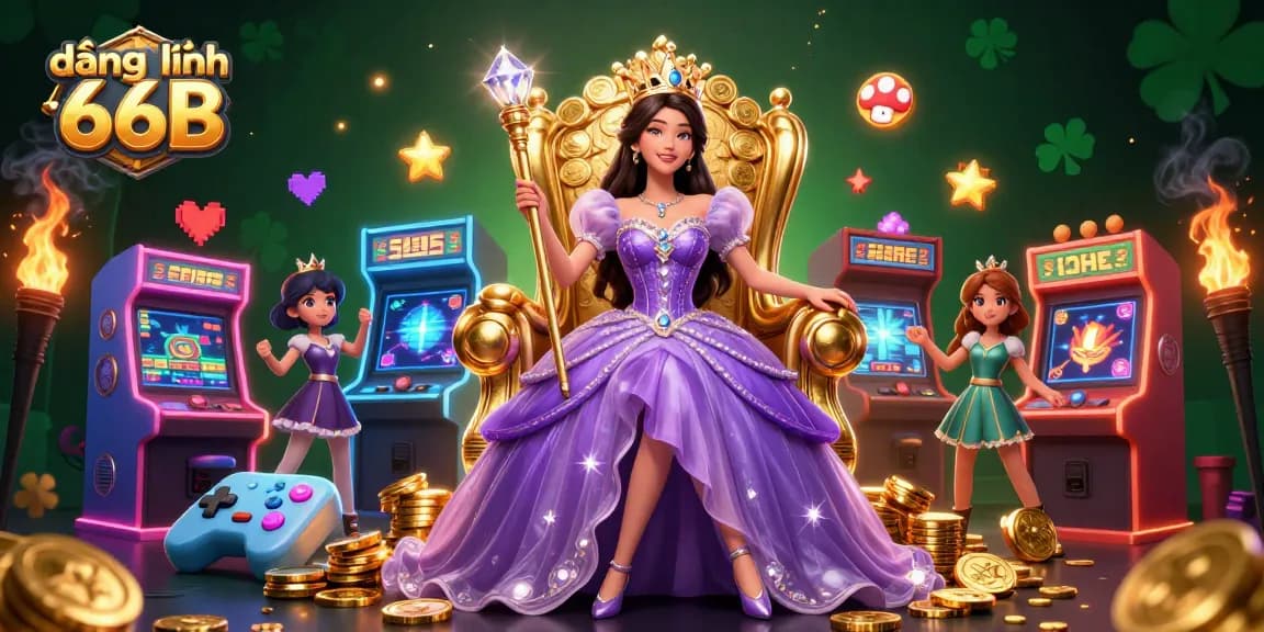 Engage in thrilling gameplay with đăng nhập 66B featuring a regal princess, casino games, and glowing arcade machines.