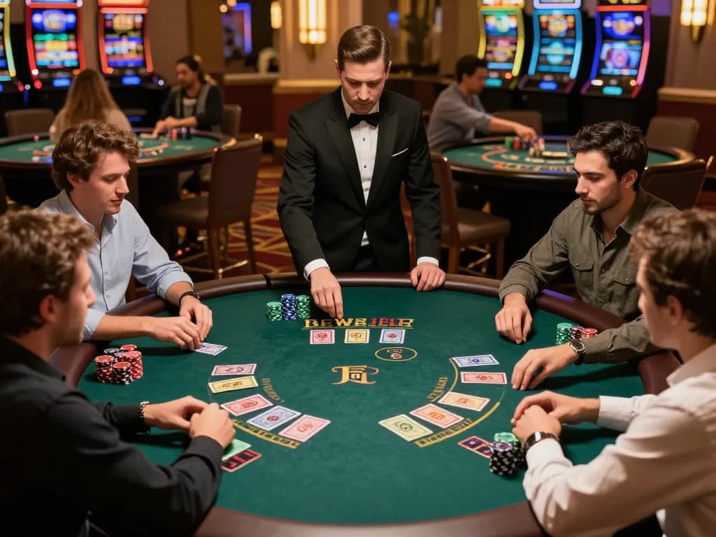 ZX88 players focusing on their strategies during an intense blackjack game in a vibrant casino atmosphere.