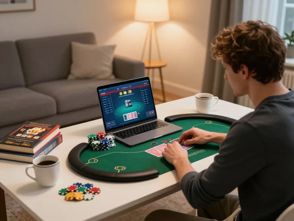 Player engaging in a live poker game at home, highlighting 388bet online gaming experience with strategic focus.