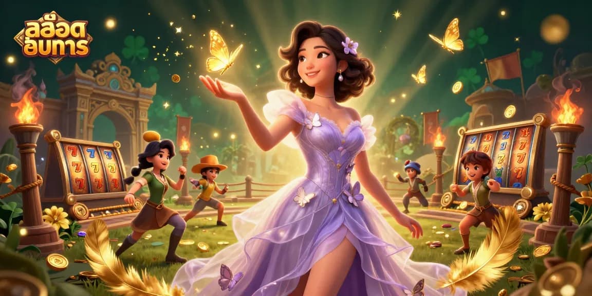 Experience สล็อตทดลอง gameplay with stunning visuals of an ethereal scene featuring slot elements and golden butterflies.