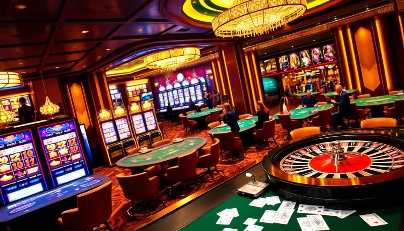 The exhilarating gameplay at https://68vip.tech/ illustrated with vibrant slot machines and engaging poker tables.