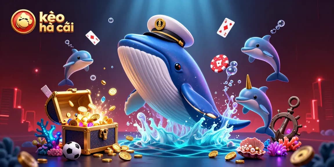 Engage in strategic betting with the giant whale, kèo nhà cái, surrounded by playful dolphins and sports elements.