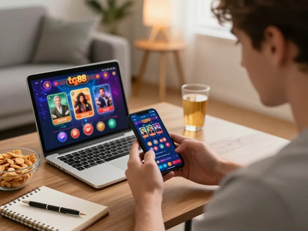 Player engaging with tg88 mobile casino app in a cozy setting, showcasing strategic gaming habits.
