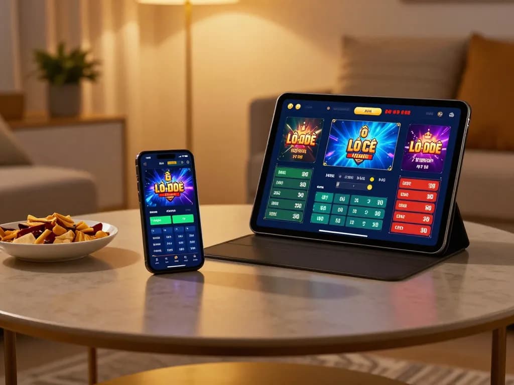 Engaging in lô đề trực tuyến betting with a smartphone and tablet in a cozy home setup.