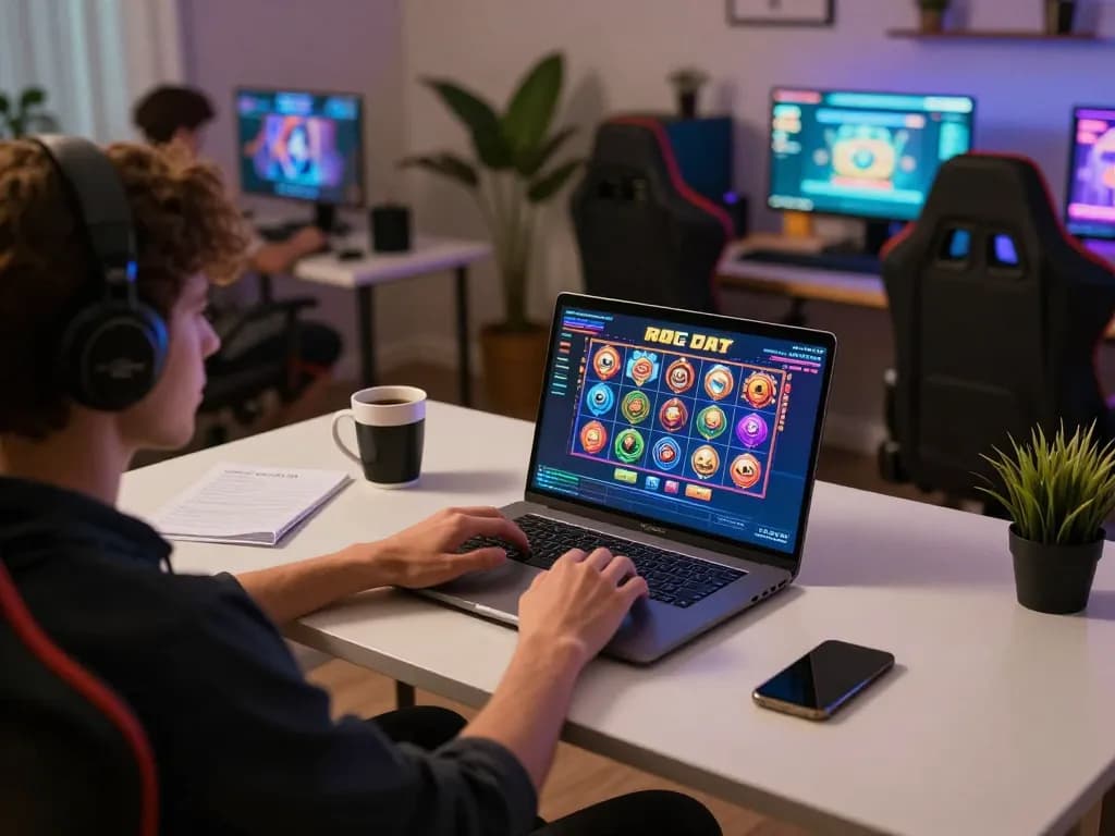 Engaging with vibrant slot gameplay on a laptop during an online gaming session.