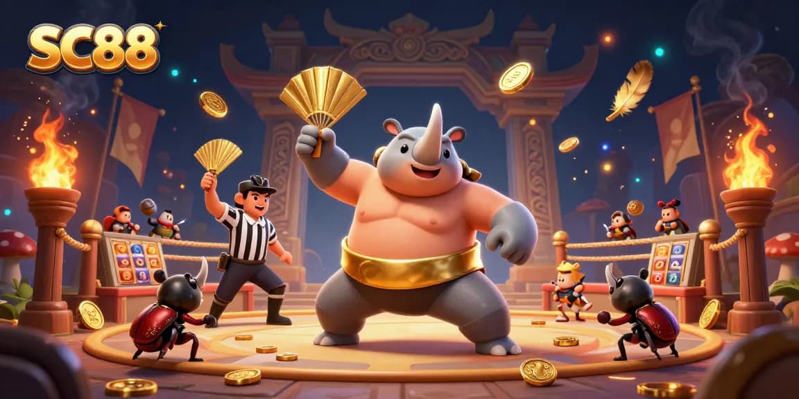 Experience SC88's thrilling casino scene with a sumo champion beetle and dynamic gold effects.