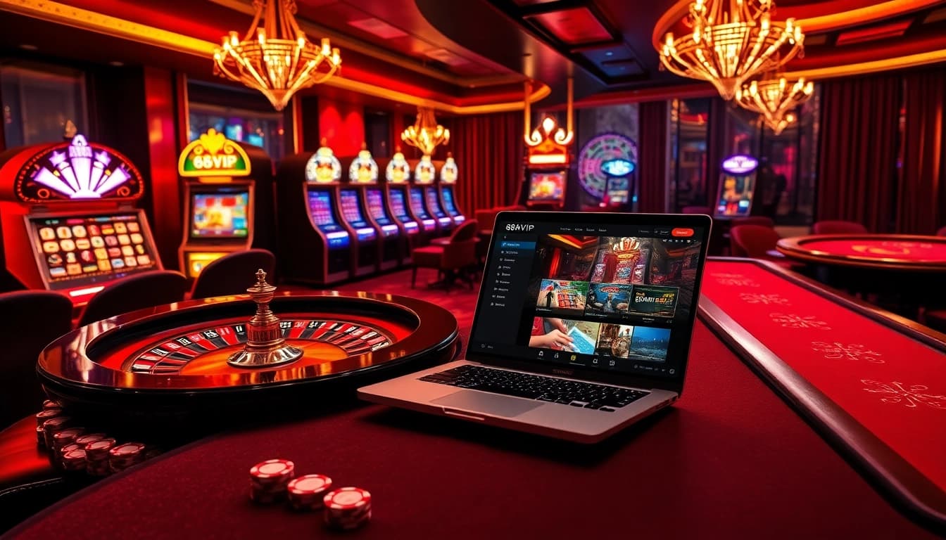 Experience the thrill of gaming at 68VIP with a vibrant casino scene featuring roulette and slot machines.