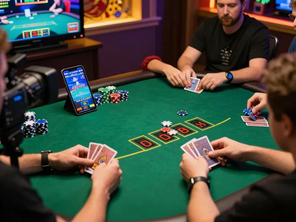 Players engaged in a poker game enjoying the thrill of non gamstop online casinos with colorful ambiance.