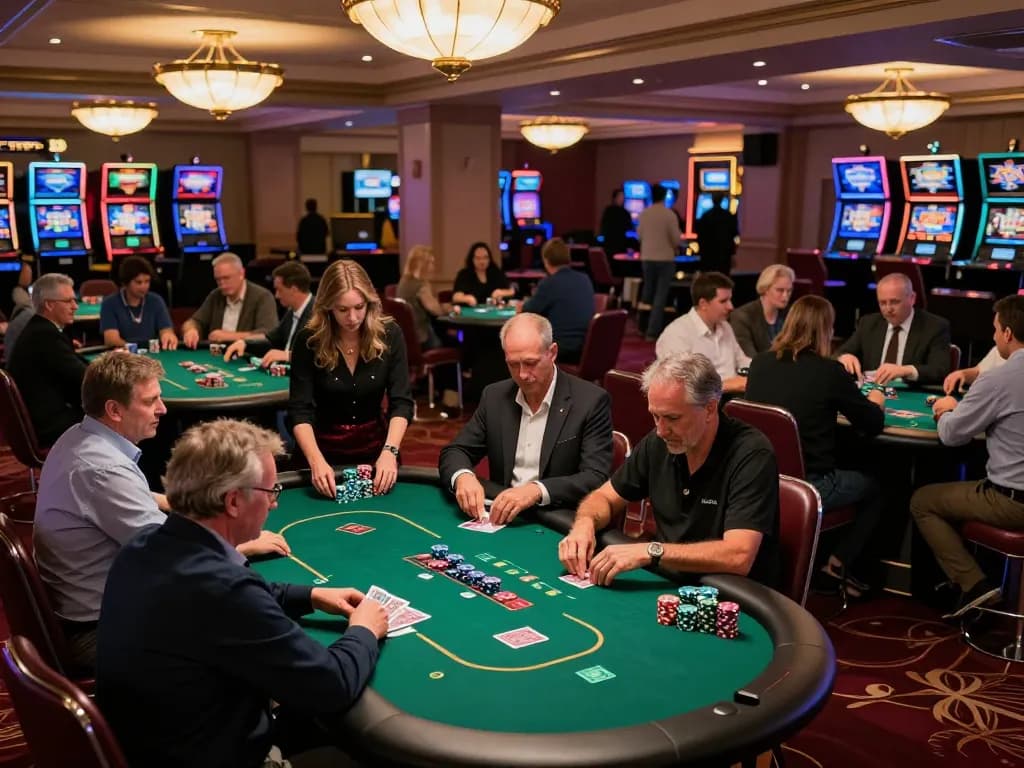 Engaged players in the poker room at hit club casino, vibrant scene with dealers and colorful chips.